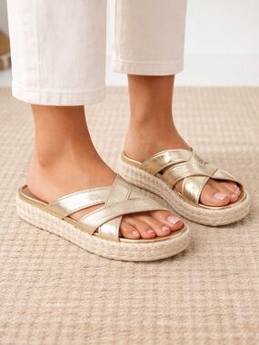 Lucky Brand Lofftee Gold Espadrille Slide Metallic Crisscross Sandals Size 10